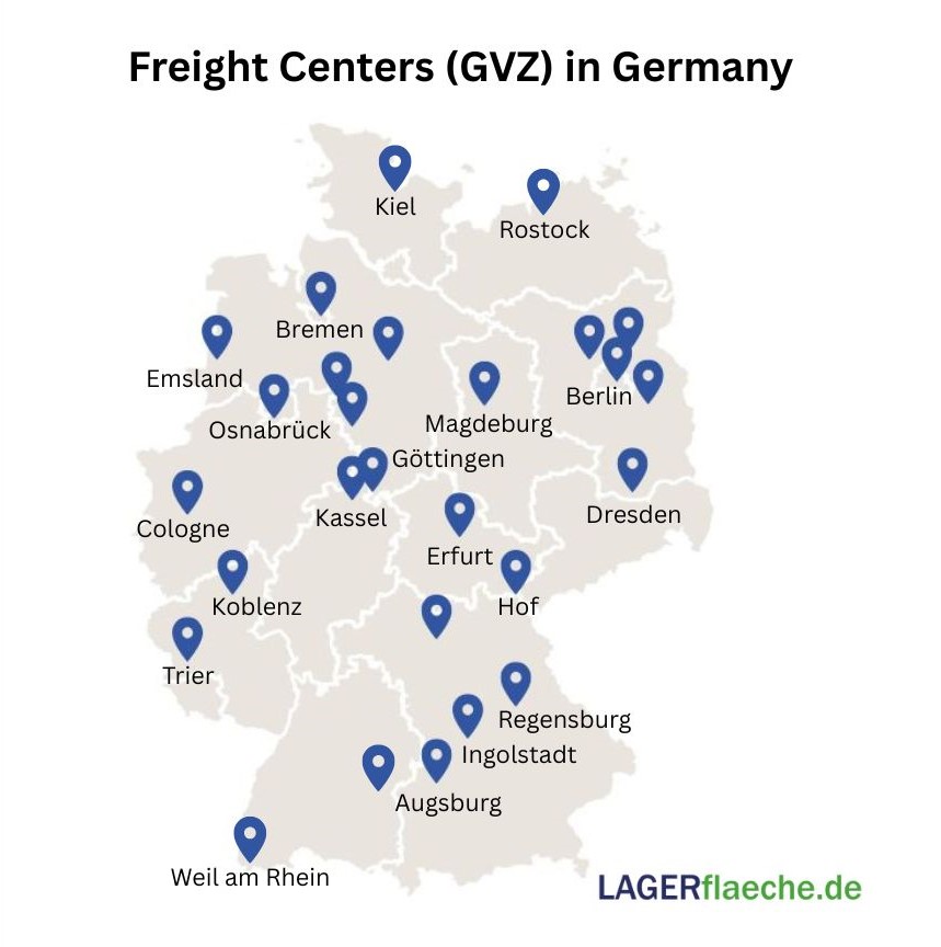 Map of the most important freight transport centers (GVZ) in Germany.